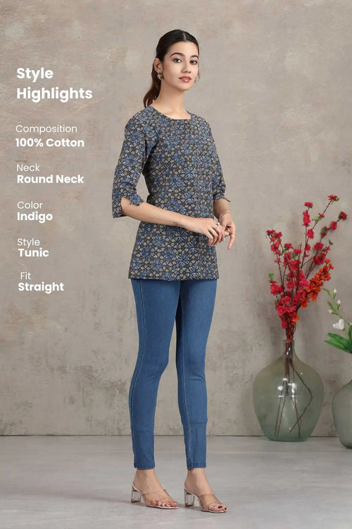 Indigo Floral Printed Cotton Straight Tunic