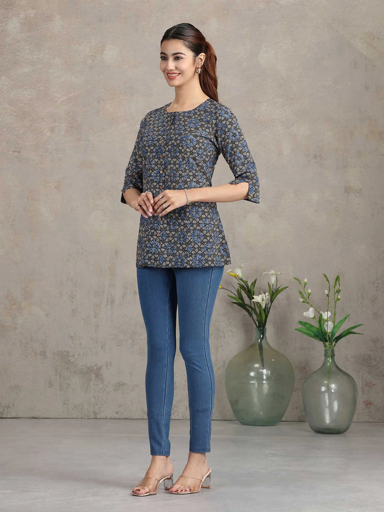 Indigo Floral Printed Cotton Straight Tunic
