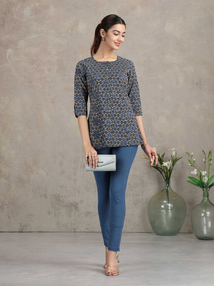Indigo Floral Printed Cotton Straight Tunic