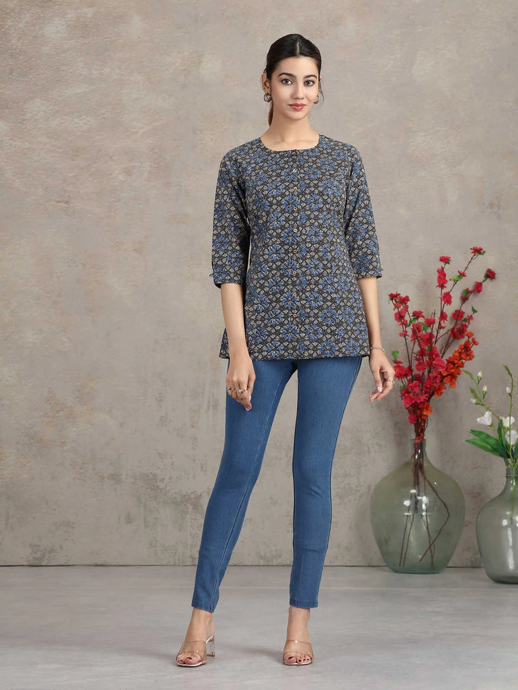 Indigo Floral Printed Cotton Straight Tunic