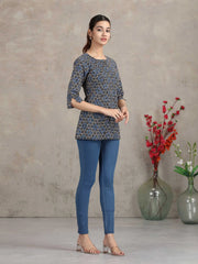 Indigo Floral Printed Cotton Straight Tunic