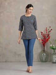 Indigo Floral Printed Cotton Straight Tunic