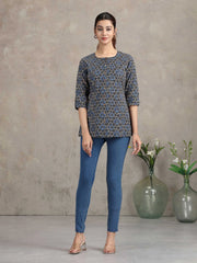 Indigo Floral Printed Cotton Straight Tunic