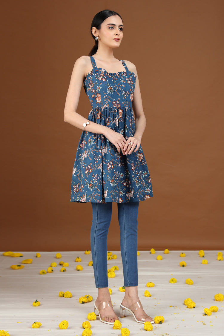 Indigo Floral Printed Flared Dress