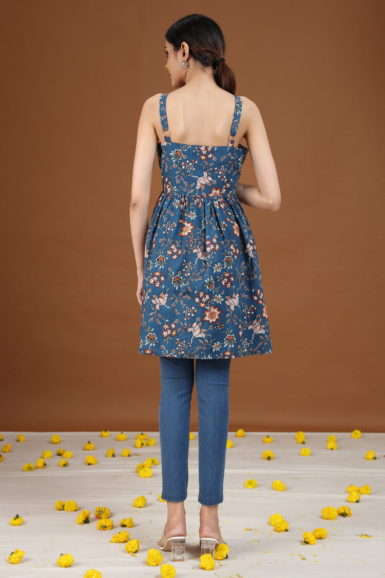 Indigo Floral Printed Flared Dress