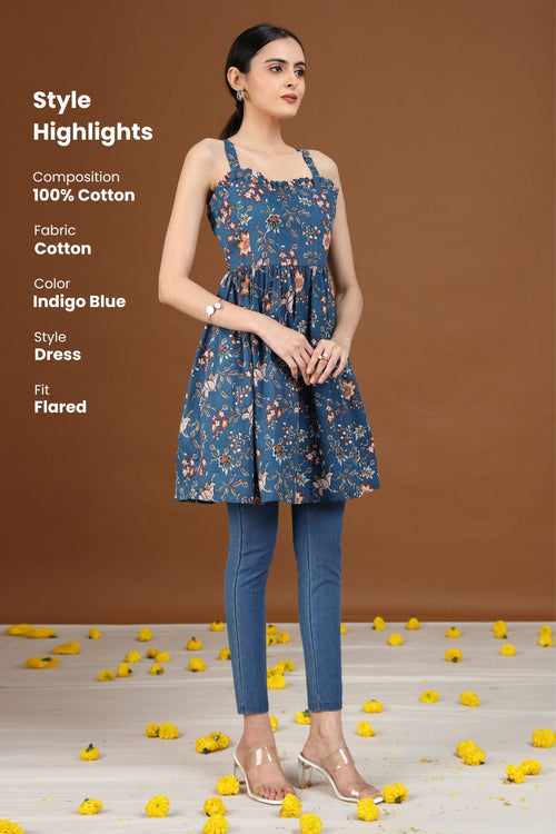 Indigo Floral Printed Flared Dress