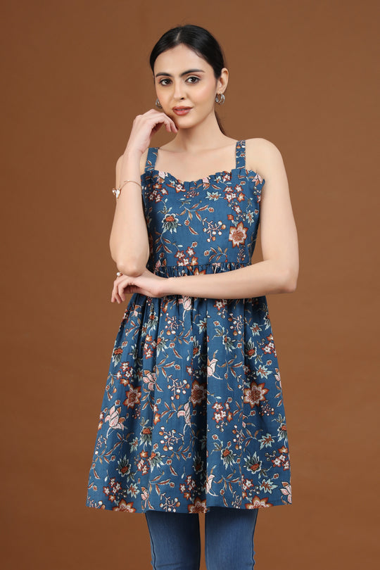 Indigo Floral Printed Flared Dress