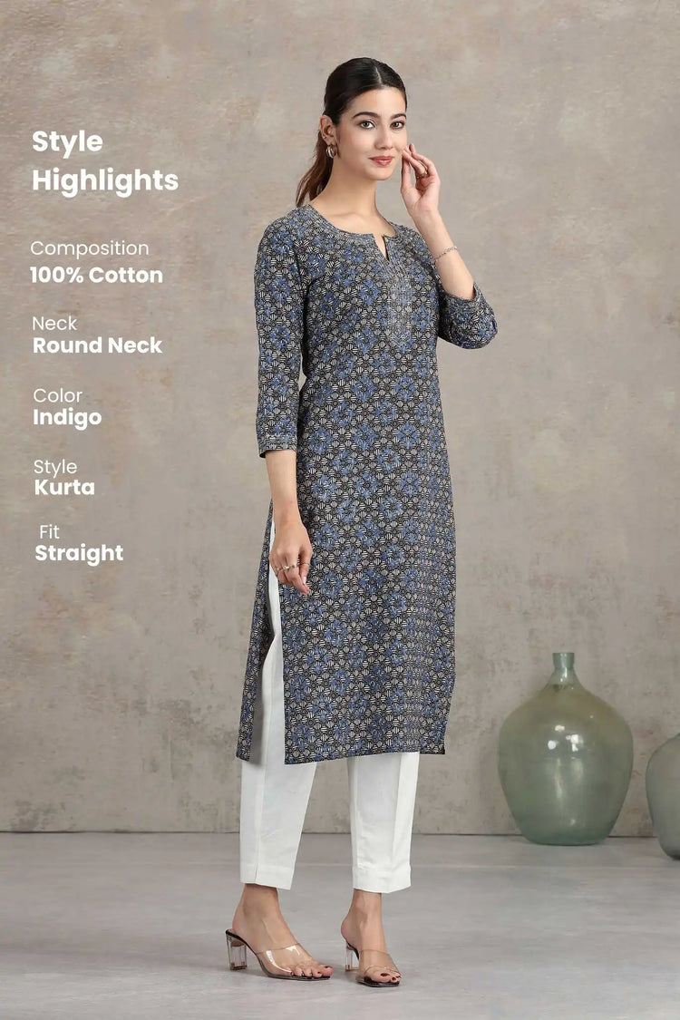 Indigo Floral Printed Straight Kurta