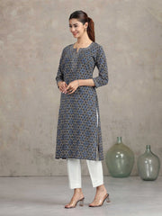 Indigo Floral Printed Straight Kurta