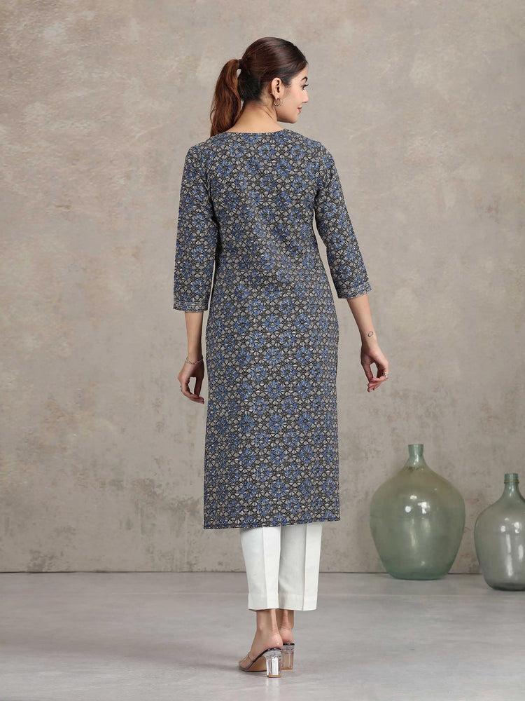 Indigo Floral Printed Straight Kurta