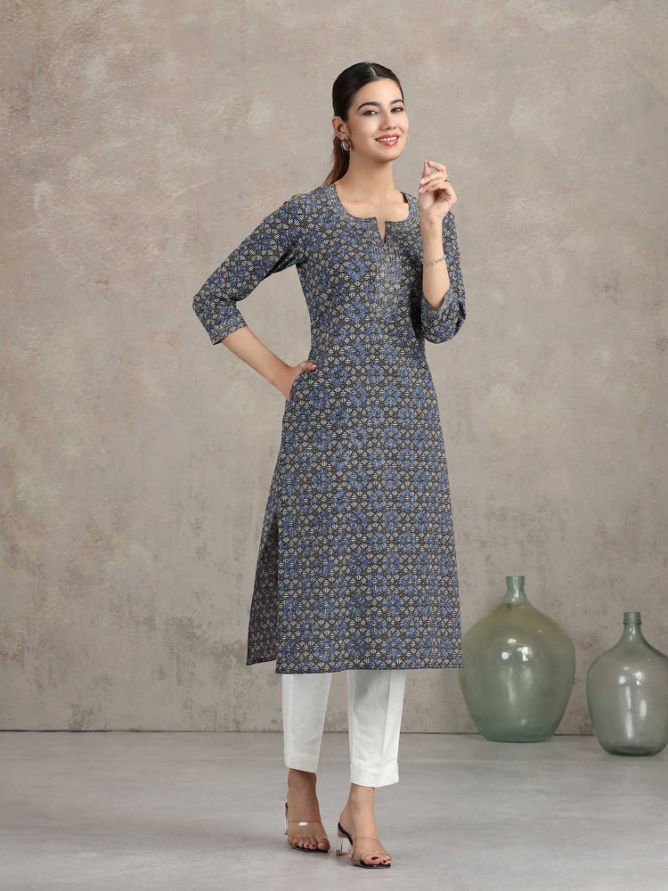 Indigo Floral Printed Straight Kurta