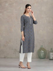 Indigo Floral Printed Straight Kurta