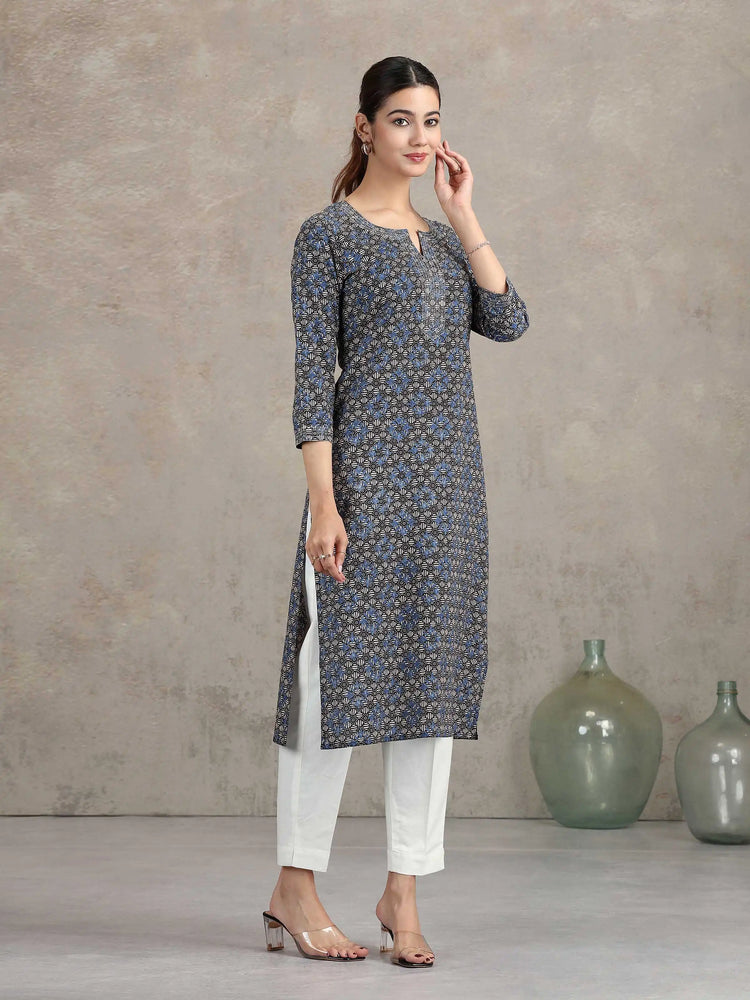 Indigo Floral Printed Straight Kurta