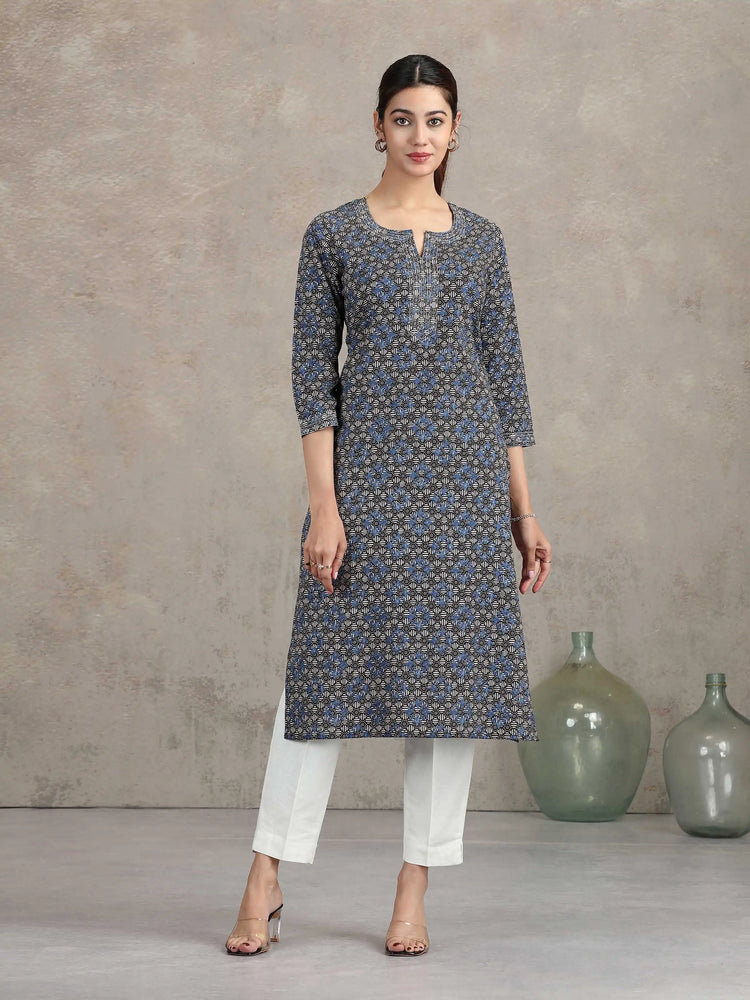 Indigo Floral Printed Straight Kurta