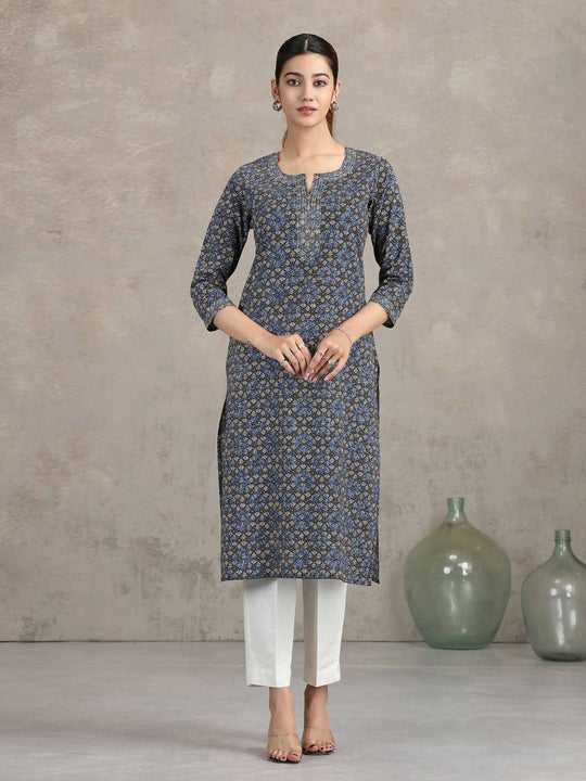 Indigo Floral Printed Straight Kurta