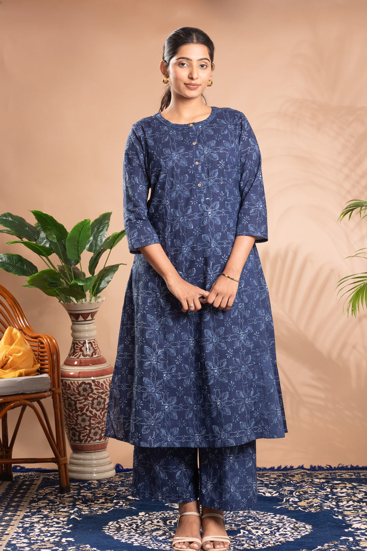 Indigo Printed Cotton Straight Co-ord Set