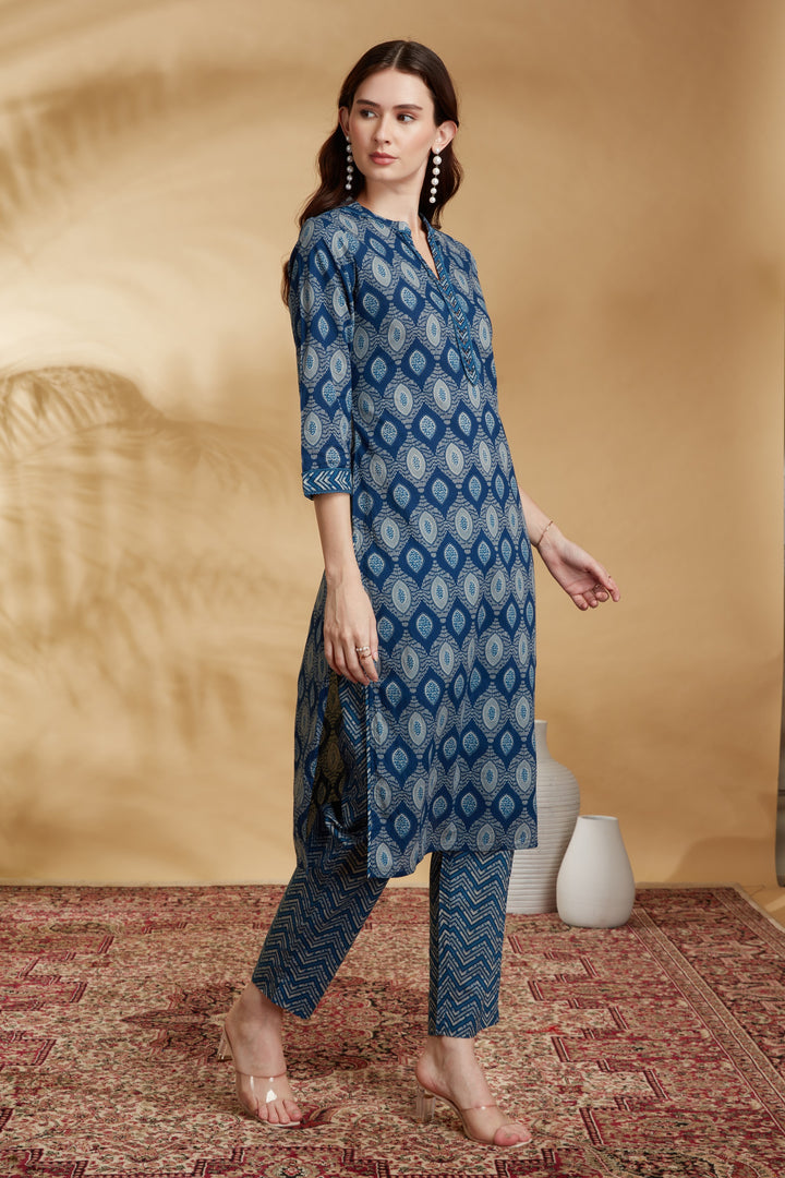 Indigo Printed Cotton Straight Co-ord Set