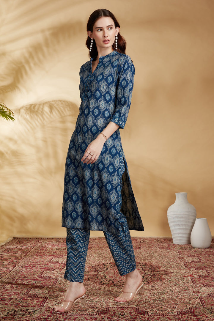 Indigo Printed Cotton Straight Co-ord Set