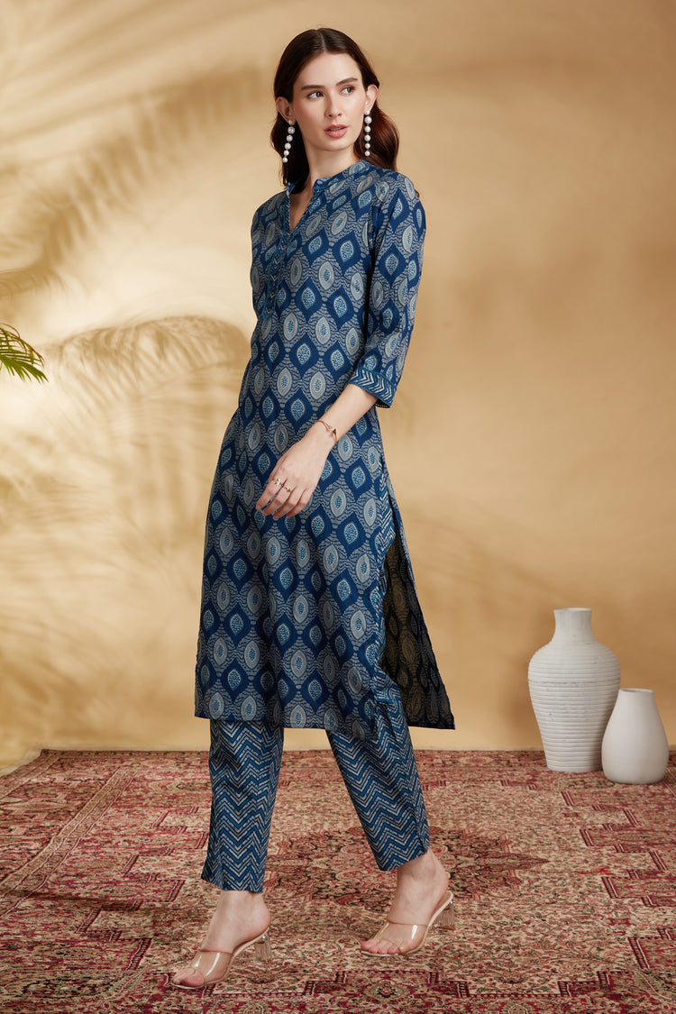 Indigo Printed Cotton Straight Co-ord Set