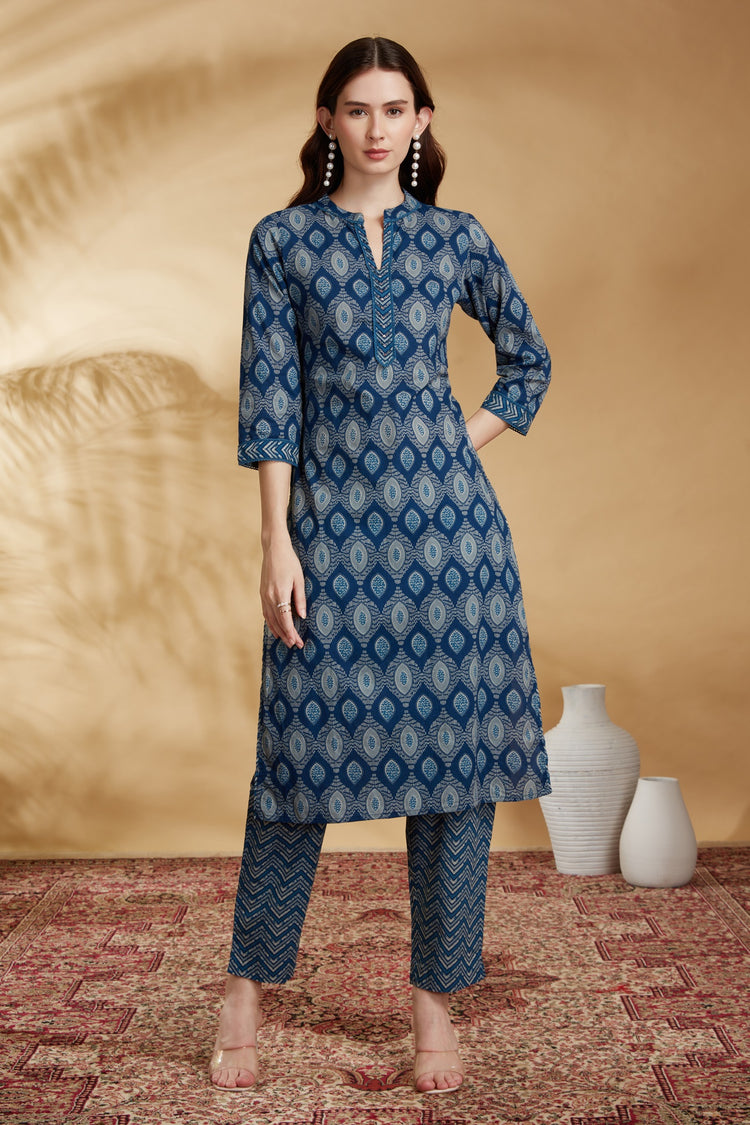 Indigo Printed Cotton Straight Co-ord Set
