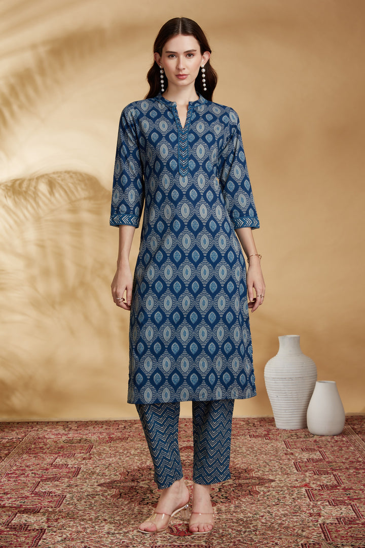 Indigo Printed Cotton Straight Co-ord Set