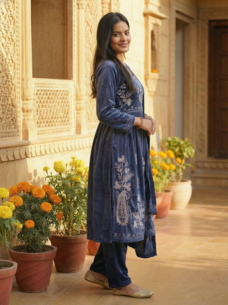 Indigo Velvet Embroidered Straight Ethnic Set