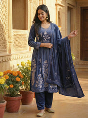 Indigo Velvet Embroidered Straight Ethnic Set