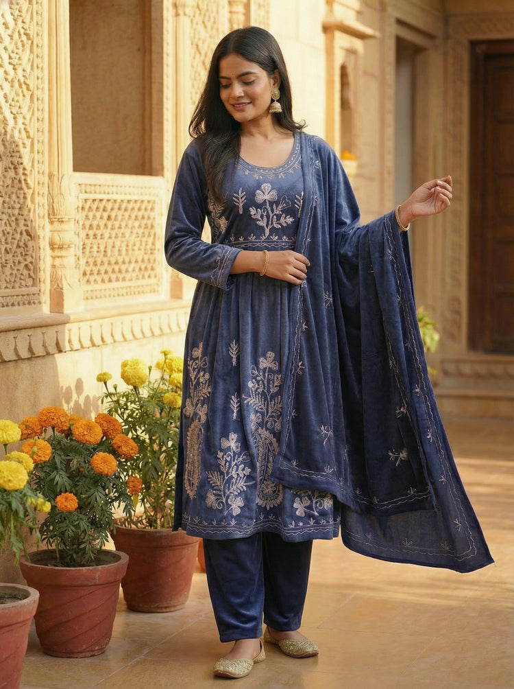 Indigo Velvet Embroidered Straight Ethnic Set
