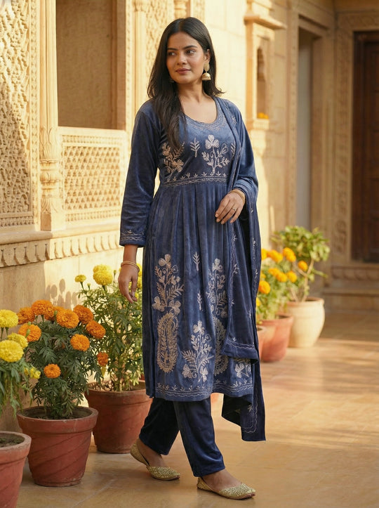 Indigo Velvet Embroidered Straight Ethnic Set