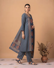 Indigo Blue Cotton Printed Kurta Pant & Dupatta Ethnic Set