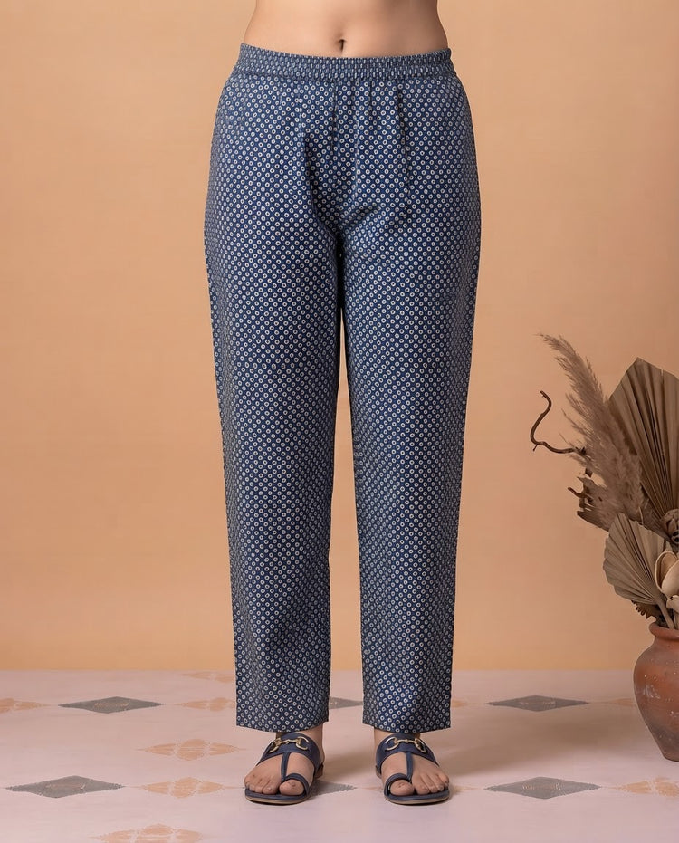 Indigo Blue Cotton Printed Kurta Pant & Dupatta Ethnic Set