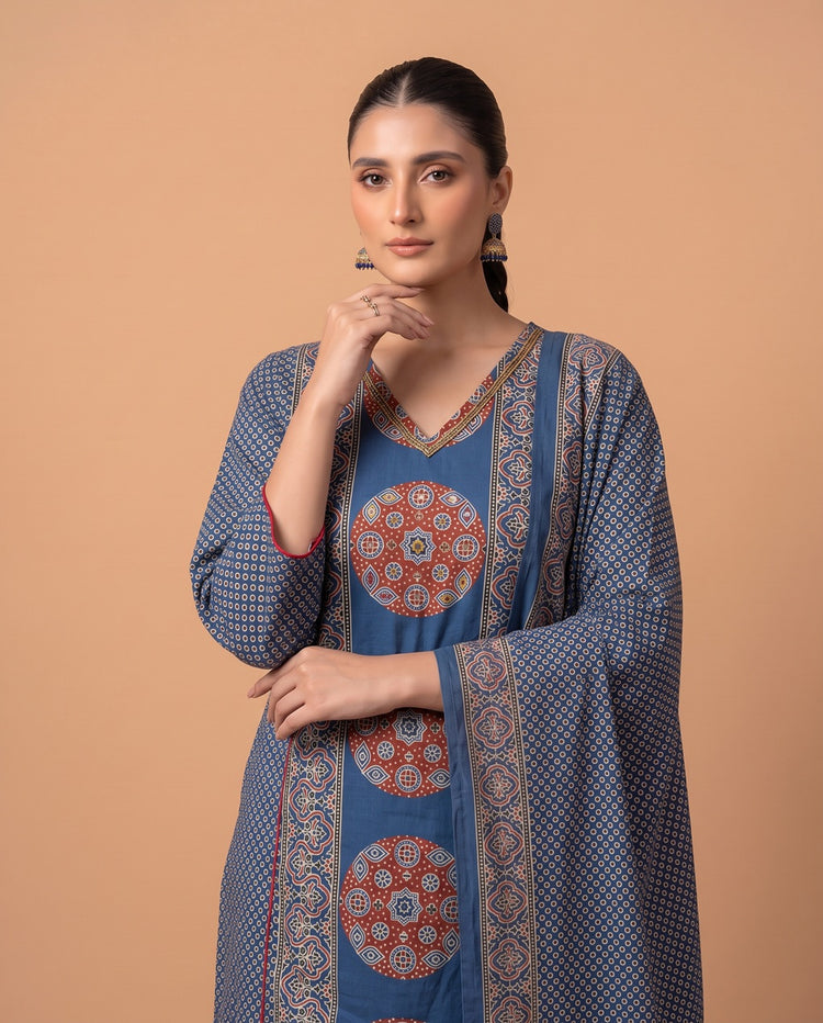 Indigo Blue Cotton Printed Kurta Pant & Dupatta Ethnic Set