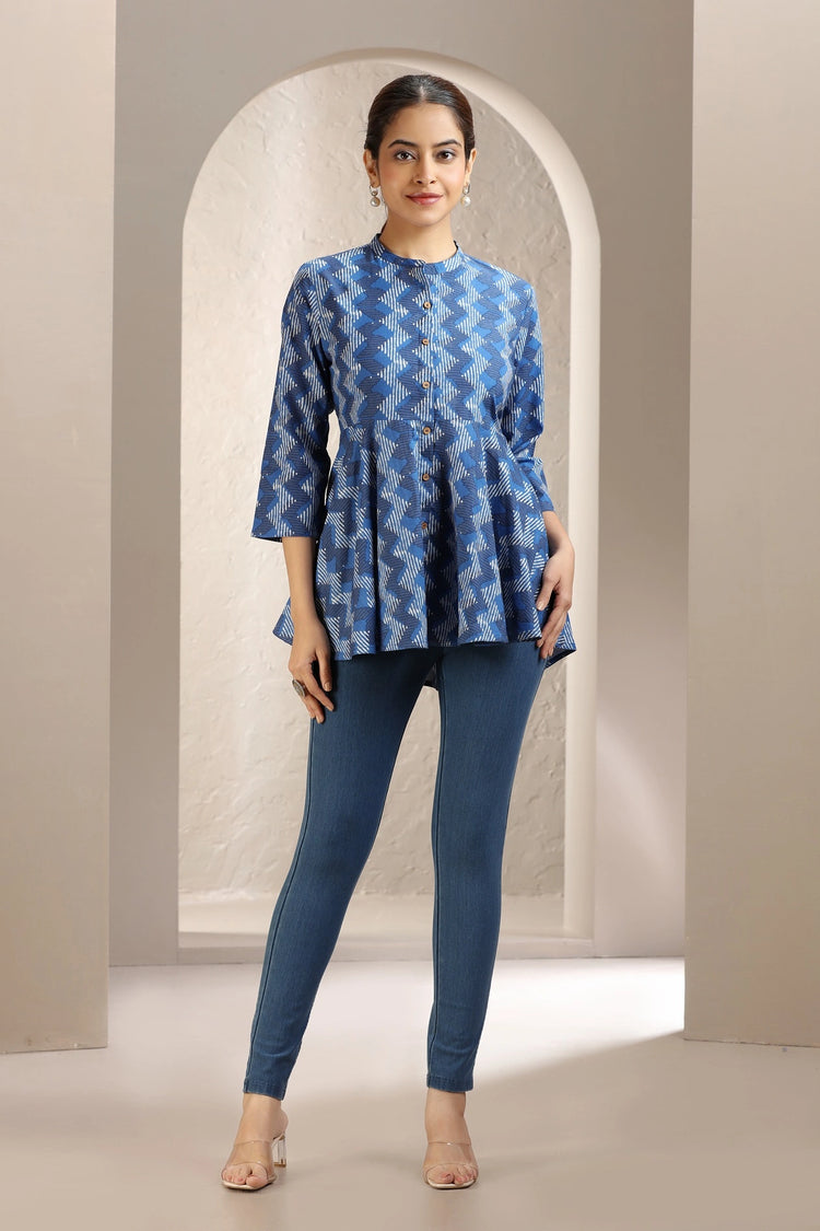 Indigo Blue Jaipuri Cotton Flared Short Kurta for women and girls