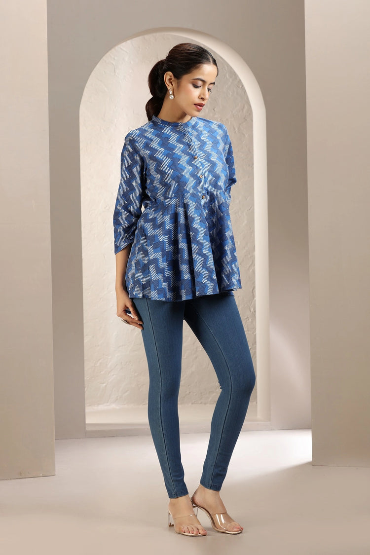 Indigo Blue Jaipuri Cotton Flared Short Kurta for women and girls