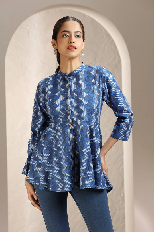 Indigo Blue Jaipuri Cotton Flared Short Kurta for women and girls