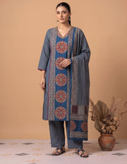 Indigo Blue Cotton Printed Kurta Pant & Dupatta Ethnic Set
