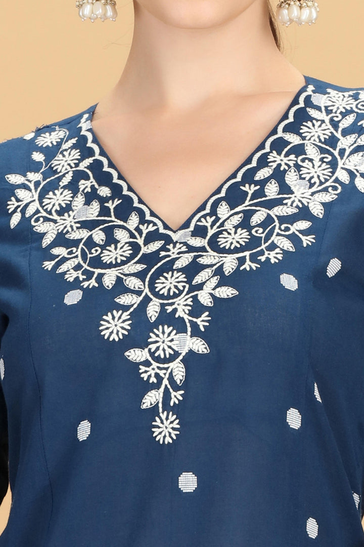 Indigo Blue Handloom Cotton Embroidered Straight Kurta Pant Co ord Set