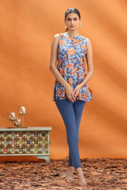 Indigo Blue Jaipuri Cotton Floral Printed Short Kurta for women and girls