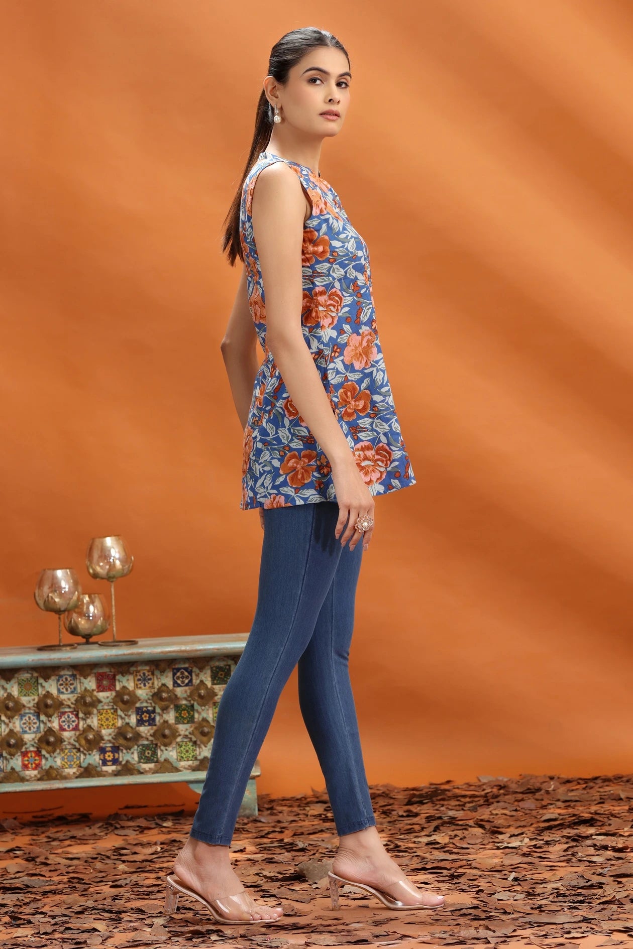 Indigo Blue Jaipuri Cotton Floral Printed Short Kurta for women and girls