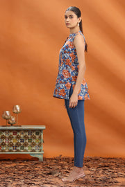 Indigo Blue Jaipuri Cotton Floral Printed Short Kurta for women and girls