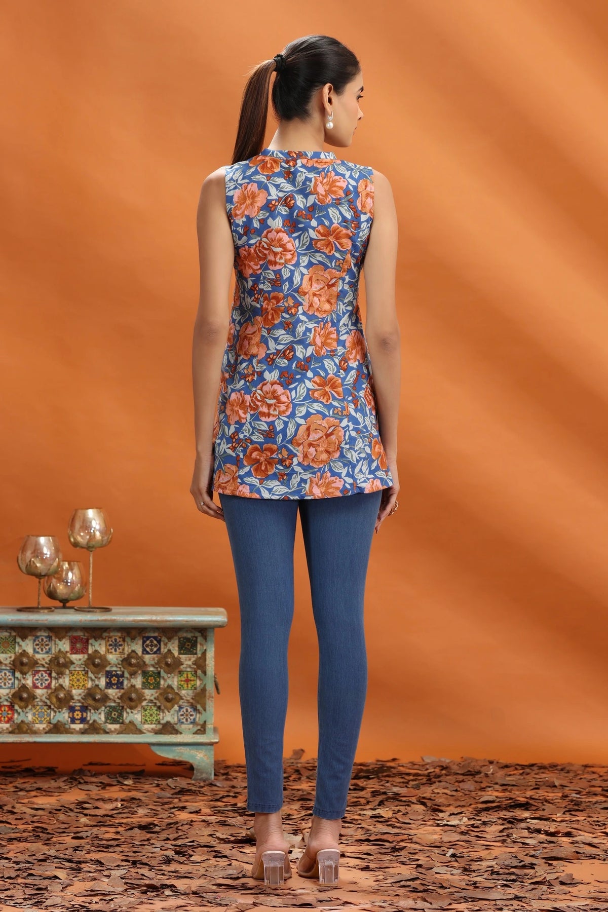 Indigo Blue Jaipuri Cotton Floral Printed Short Kurta for women and girls