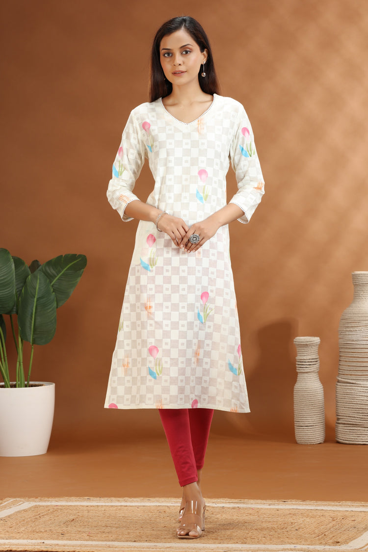 Off White Cotton Straight Printed Kurta