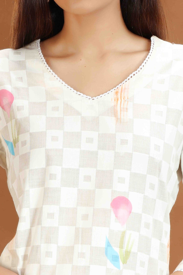 Off White Cotton Straight Printed Kurta