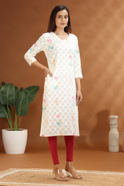Off White Cotton Straight Printed Kurta