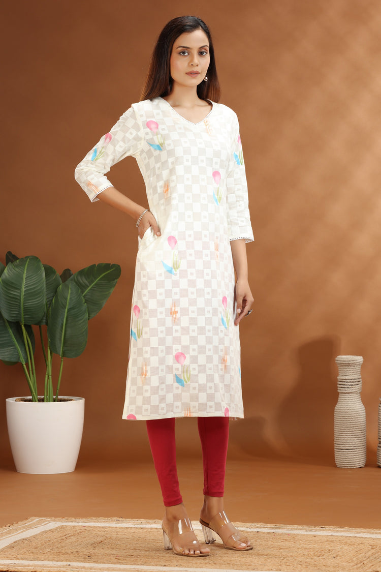 Off White Cotton Straight Printed Kurta