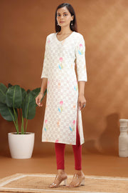 Off White Cotton Straight Printed Kurta