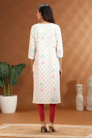 Off White Cotton Straight Printed Kurta
