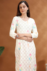 Off White Cotton Straight Printed Kurta