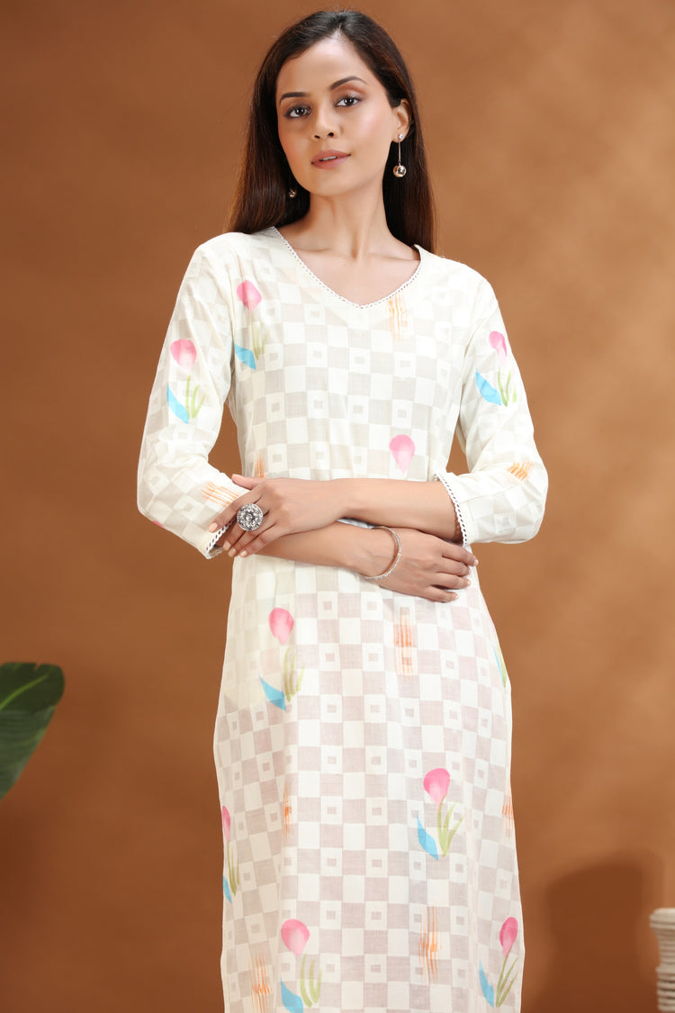 Off White Cotton Straight Printed Kurta