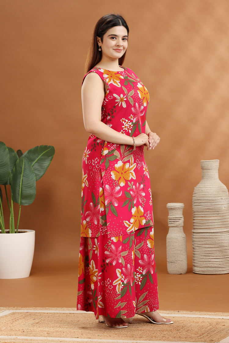 Pink Rayon Printed A Line Kurta and Pant Set